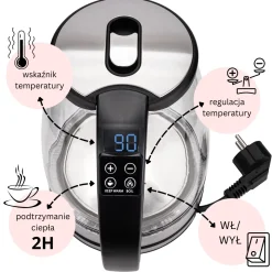 Czajnik elektryczny z regulacją temp. bezprzewodowy szklany 1,8L