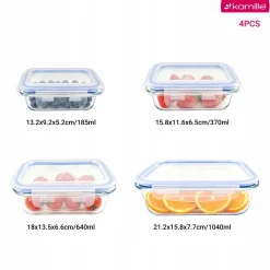Komplet 4 x lunchbox szklane pojemniki na żywność żaroodporne Kamille