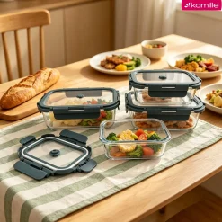 Solidne 4 x lunchbox szklane pojemniki na żywność żaroodporne zestaw Kamille