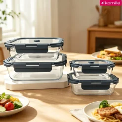 Solidne 4 x lunchbox szklane pojemniki na żywność żaroodporne zestaw Kamille