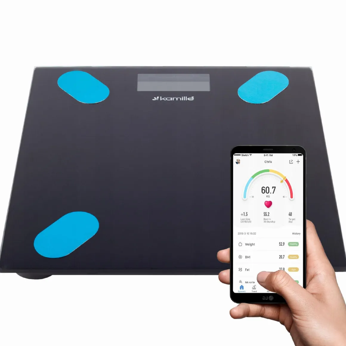Waga łazienkowa bluetooth fitness, poziom tkanki, BMI sport
