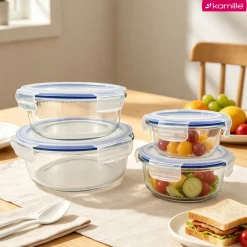4 x lunchbox szklane pojemniki okrągłe na żywność żaroodporne zestaw Kamille