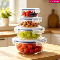 4 x lunchbox szklane pojemniki okrągłe na żywność żaroodporne zestaw Kamille